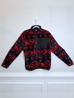 H&M Men’s Aztec Southwestern Geometric Fleece Full Zip Jacket in Red, Black Sz S